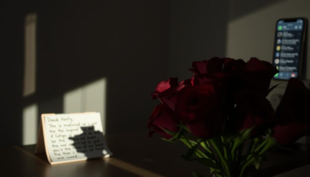 A dimly lit room, shadows cast across the walls, creating an uneasy atmosphere. In the foreground, subtle warning signs emerge - a bouquet of red roses, their thorns visible, symbolizing the deceptive nature of the relationship. Slightly out of focus, a lovingly crafted handwritten note, its content hinting at an underlying manipulation. In the background, a phone constantly buzzing with messages, a subtle yet persistent reminder of the constant need for attention and validation. The overall scene evokes a sense of unease, a premonition of the emotional turmoil that lies ahead.