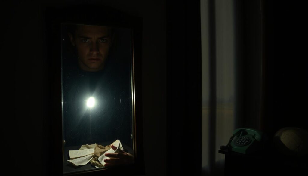 A dimly lit room, shadows cast on the walls, conveying a sense of unease. In the foreground, a person's face is reflected in a distorted mirror, their expression twisted with uncertainty. Surrounding them, subtle yet unsettling details: a flickering light, a pile of crumpled letters, and a phone off the hook, suggesting a pattern of gaslighting and manipulation. The middle ground is hazy, with a sense of isolation and disconnection, while the background fades into an abstract, dream-like landscape, further reinforcing the disorienting and surreal nature of the gaslighting experience. The overall atmosphere is one of psychological distress, where the victim's perception of reality is being systematically undermined.