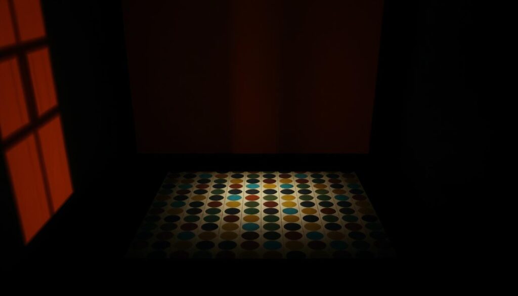 A dimly lit room, shadows cast on the walls, creating a sense of unease. In the center, a table with a grid-like pattern of colored shapes - circles, triangles, squares. The pattern is subtle, the colors muted, challenging the viewer to discern the hidden design. The lighting, dramatic and dramatic, casts a warm, almost sinister glow, adding to the air of mystery. The camera angle is slightly elevated, giving a birds-eye view of the scene, encouraging the viewer to analyze and dissect the pattern. The overall mood is one of contemplation, a puzzle to be solved, a metaphor for the hidden manipulations that the article seeks to expose.