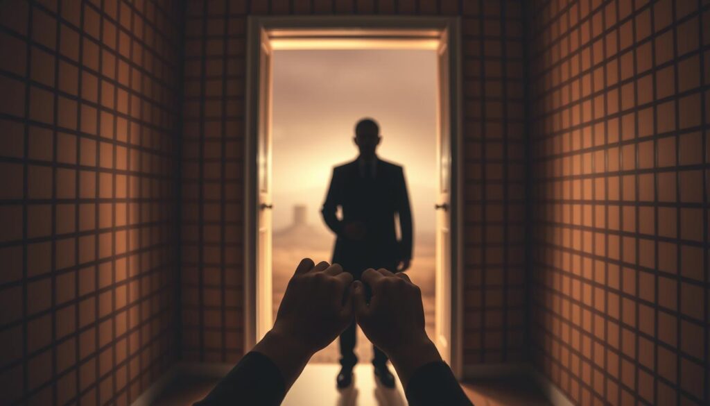 A dimly lit room, the walls adorned with a grid-like pattern, symbolizing the consistent structure that underpins the "Foot-in-the-Door Technique." In the foreground, a pair of hands grasping a door handle, representing the initial small request that leads to larger concessions. The middle ground features a shadowy figure, their face obscured, signifying the manipulative nature of the technique. The background is a hazy, dreamlike landscape, evoking the subconscious influence at play. Warm, muted tones create a sense of subtle, persistent pressure, while the high-contrast lighting emphasizes the juxtaposition of control and persuasion.