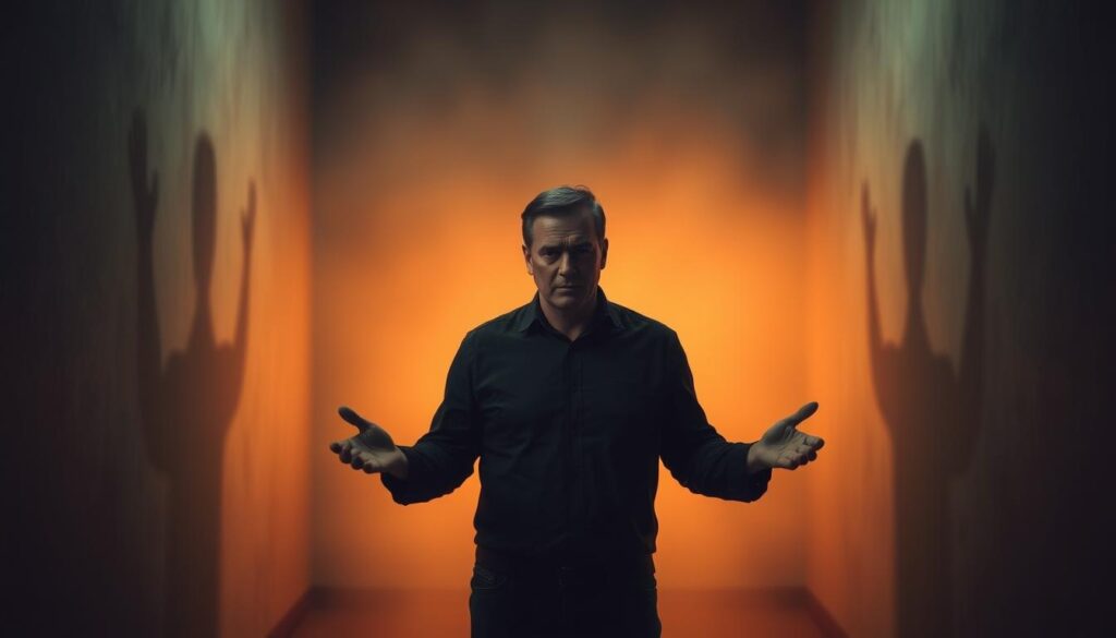 A dimly lit room, the walls adorned with shadows of doubt and uncertainty. In the center, a figure stands defiantly, hands outstretched, denying the very existence of a once-tangible reality. The background blurs, as if the very fabric of history has been distorted, leaving only a haunting sense of disbelief. Soft, warm lighting illuminates the scene, creating an atmosphere of unease and manipulation. The figure's expression is a mask of conviction, a calculated attempt to rewrite the past and shape the present to their advantage. This is the world of the gaslighter, where truth is a malleable concept, and the past is a canvas for their own twisted narrative.