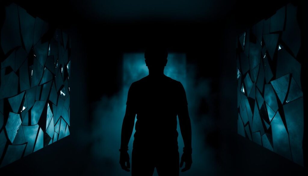 A dimly lit room, the walls closing in, a sense of unease and disorientation. In the foreground, a figure stands with an ambiguous expression, their face obscured by shadows, casting doubt and uncertainty. Surrounding them, shards of broken mirrors reflect fragmented images, distorting the viewer's perception. The middle ground is shrouded in a hazy, dreamlike quality, blurring the line between reality and illusion. In the background, a maze of abstract shapes and patterns, further disorienting the senses and creating an atmosphere of manipulation and control. Lighting is low-key, with stark contrasts and a cool, unnatural palette, evoking the unsettling nature of gaslighting.