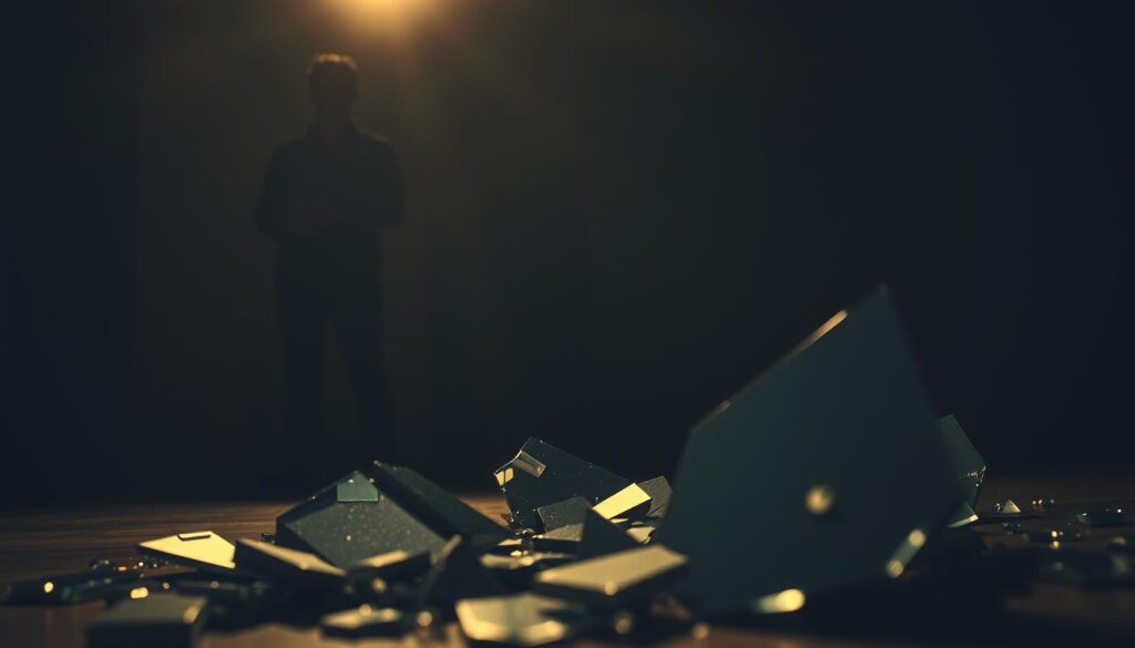 A dimly lit room, the walls closing in. A figure standing in the shadows, their face obscured, casting doubt and uncertainty. In the foreground, shards of broken mirrors reflect fragmented, distorted images, symbolizing the erosion of truth and self-perception. The atmosphere is heavy, oppressive, a sense of manipulation and control permeating the scene. Soft, warm lighting casts an eerie glow, creating an unsettling contrast with the darker tones. The composition is off-kilter, leaving the viewer unsettled and disoriented, mirroring the experience of gaslighting. This image aims to capture the subtle, everyday signs of this insidious form of emotional abuse.