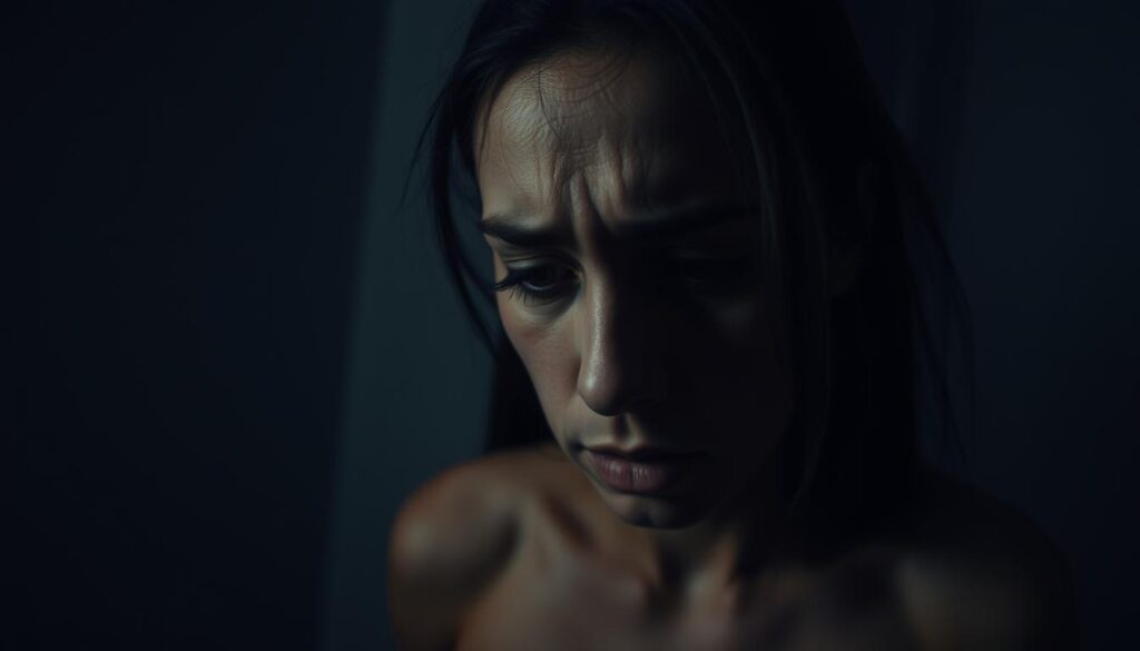 A dimly lit room, the walls closing in. A shadowy figure looming, gaze fixed and unrelenting. Soft, manipulative whispers echoing, casting doubt and confusion. In the foreground, a troubled expression, eyes downcast, brow furrowed - the early stirrings of uncertainty and loss of self-trust. Soft, muted tones, an oppressive atmosphere, the sense of a fragile psyche being slowly eroded. A wide-angle lens captures the claustrophobic scene, accentuating the sense of vulnerability and the insidious nature of this emerging pattern of emotional abuse.