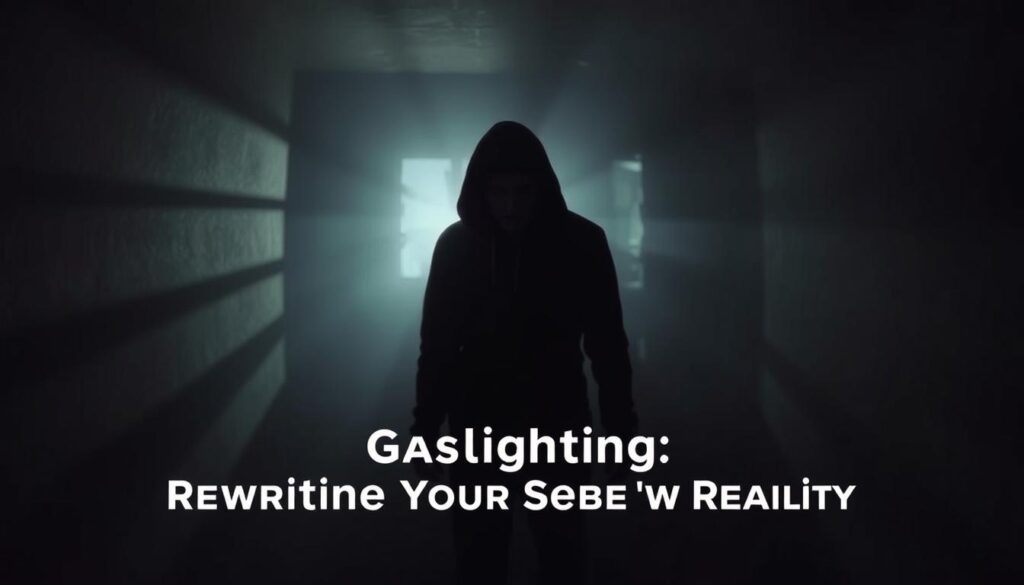 A dimly lit room, the walls seemingly distorted and shifting, casting a sense of unease. In the center, a figure stands, their expression unsettling, eyes piercing into the viewer's soul. The lighting casts long, distorted shadows, creating an atmosphere of uncertainty and disorientation. The background is hazy, blurred, as if the very fabric of reality is unraveling. The overall mood is one of psychological tension, a subtle yet powerful manipulation of the senses, mirroring the concept of "Gaslighting: Rewriting Your Sense of Reality".