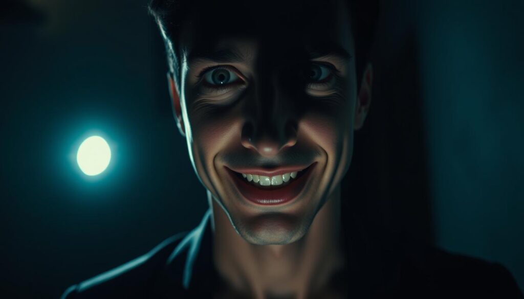 A dimly lit room with a focused spotlight illuminating a collection of subtle but telling behavioral cues. In the foreground, a pair of piercing eyes that seem to look right through the viewer, exuding a sense of detachment and manipulation. In the middle ground, the subject's lips curl into a calculated, charismatic smile, masking an underlying callousness. The background fades into shadows, suggesting the hidden depths of a psychopathic mind. The scene is captured with a cinematic, high-contrast aesthetic, lending an air of psychological intensity and unease. The overall mood evokes a sense of being in the presence of a skilled social predator, a master of disguise and deception.