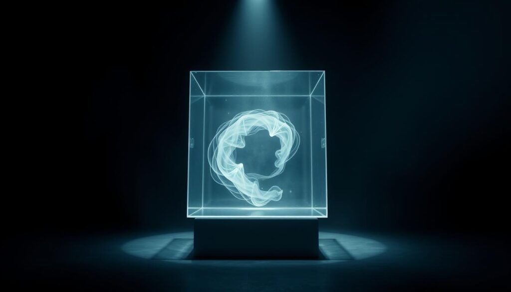 A dimly lit room, with a single beam of light shining down from above, illuminating a transparent glass cube positioned at the center. The cube's interior is filled with a swirling, ethereal substance, resembling a vortex of energy or truth itself. The cube is elevated slightly off the ground, creating a sense of reverence and importance. The background is shrouded in shadow, lending an air of mystery and contemplation to the scene. The overall mood is one of introspection, inviting the viewer to ponder the nature of truth and its elusive qualities.