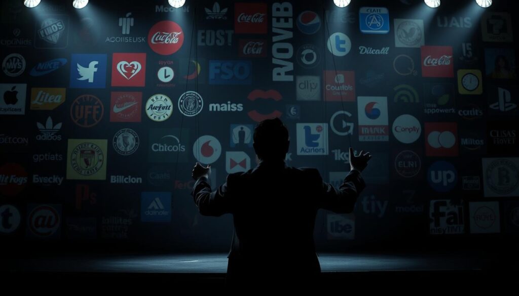 A dimly lit stage with a shifting, distorted backdrop of iconic cultural images - familiar logos, slogans, and symbols that have taken on new meanings over time. In the foreground, a shadowy figure manipulates the scene, puppeteering the visuals to create an unsettling atmosphere of psychological control. The lighting is dramatic, creating deep contrasts and casting ominous shadows that obscure the true nature of the spectacle. The overall composition evokes a sense of unease, as if the viewer is being gaslighted by the very fabric of the cultural landscape.