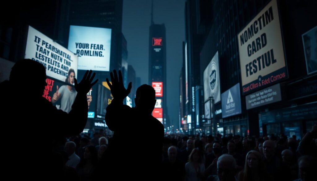 A dimly lit urban scene, ominous and foreboding. In the foreground, shadowy figures gesticulate with exaggerated motions, their faces contorted in expressions of fear and alarm. Behind them, looming billboards and signs display stark, attention-grabbing messages designed to trigger an emotional response. The middle ground is filled with a crowd of people, their body language tense and uneasy, as they react to the fear-inducing tactics surrounding them. In the distance, the blurred silhouettes of skyscrapers loom, creating a sense of confinement and unease. The overall atmosphere is one of unease, manipulation, and the subtle coercion of human behavior.