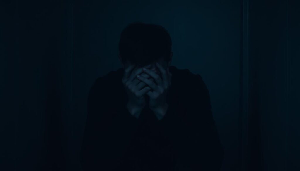 A distraught figure, shoulders hunched, face obscured by hands, sits alone in a dimly lit, claustrophobic room. The atmosphere is heavy with a sense of emotional turmoil and psychological strain. Soft, muted hues of greys, blues, and browns create a somber, introspective mood. Diffused lighting casts long shadows, emphasizing the subject's isolation and inner turmoil. The composition is tightly framed, drawing the viewer's attention to the intense emotional expression, conveying a palpable sense of anxiety, depression, and a gradual erosion of identity.
