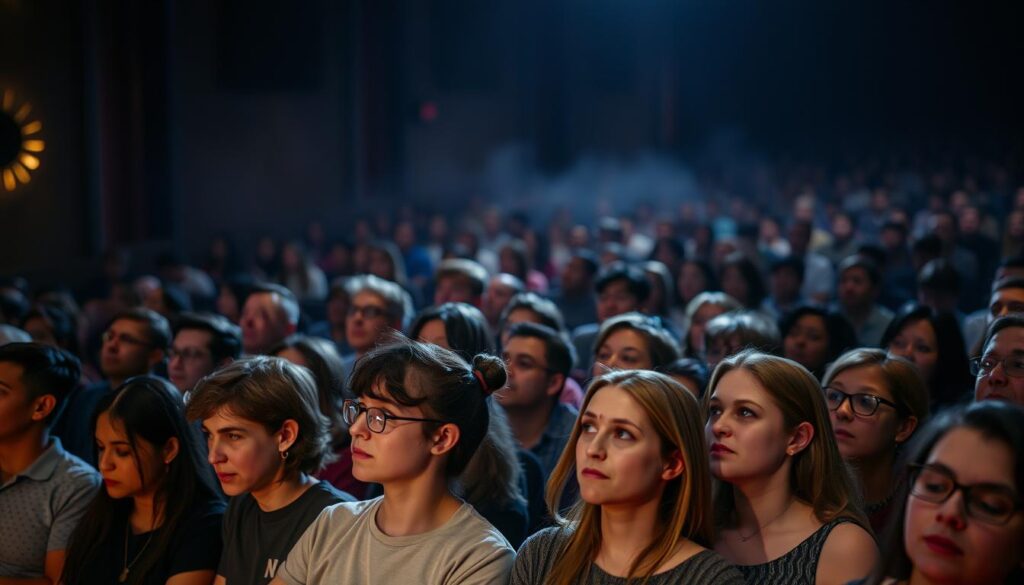 A diverse crowd of people in a dimly lit auditorium, their faces illuminated by the warm glow of a spotlight on stage. In the foreground, a group of attentive listeners lean forward, their expressions a mix of curiosity and anticipation. In the middle ground, a scattering of individuals nod their heads or jot down notes, their attention rapt. The background fades into a hazy, atmospheric blur, creating a sense of depth and focus on the audience. The overall mood is one of engagement and receptiveness, with a touch of mystery and anticipation, as if the audience is poised to receive a compelling message.