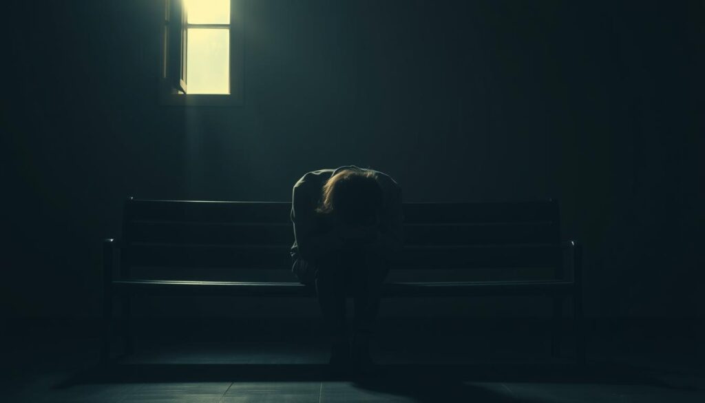 A downcast figure sits on a bench, head bowed in a sorrowful display. The background is a dimly lit interior, shadows creeping in from the corners, creating an atmosphere of unease and discomfort. Muted colors and soft, diffuse lighting emphasize the melancholic mood, as if the scene is bathed in the glow of a setting sun. The pose and body language convey a sense of guilt, regret, and a desperate attempt to make amends, yet the shadowy environment suggests a lack of genuine remorse or a hidden agenda. The overall impression is one of a staged, manipulative "apology" – a mere facade, a weapon used to maintain control.