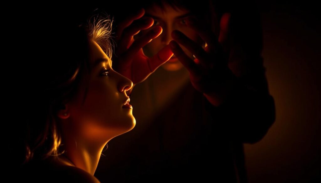 A dramatic, intense scene unfolding within a chiaroscuro-style composition. In the foreground, a person's face is bathed in warm, golden light, their expression one of false adoration and seduction. In the middle ground, an enveloping, shadowy figure looms, their hands reaching out to draw the victim closer. The background is obscured in deep, foreboding shadows, hinting at the darker undercurrents of manipulation and control that lurk beneath the surface. The overall atmosphere is one of unease, tension, and the unseen dangers that lie within the "love bombing" cycle of toxic relationships.