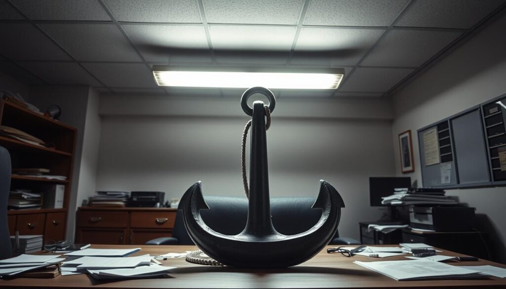 A dreary, windowless office space, illuminated by the harsh glow of a fluorescent light fixture overhead. On the desk, a heavy metallic anchor sits, casting a long shadow that extends across the cluttered surface, symbolizing the oppressive weight of the "anchoring effect" - the tendency to rely too heavily on the first piece of information encountered when making decisions. The anchor is the focal point, its rugged, industrial design contrasting with the bland, generic office setting. The lighting casts dramatic shadows, creating a sense of depth and drawing the viewer's attention to the central object. The cluttered desk, with scattered papers and various office supplies, represents the mental clutter and confusion that can arise from the anchoring bias. The overall atmosphere evokes a feeling of being trapped, weighed down, and unable to escape the initial information that has so firmly anchored the decision-making process.