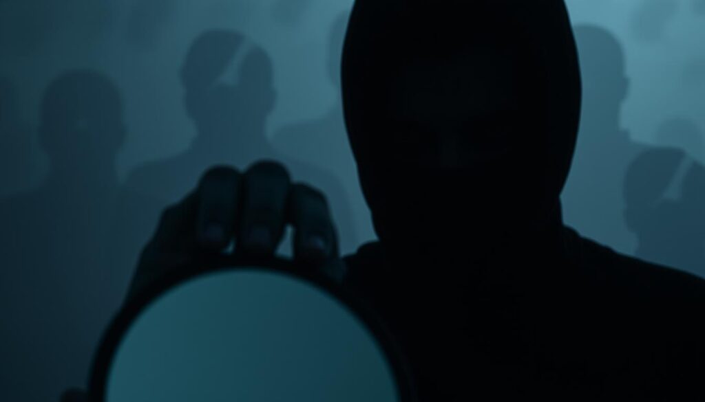 A figure shrouded in shadows, their countenance obscured, casting a dark and unsettling presence. In the foreground, a mirror reflects a distorted, fragmented self-image - a visual metaphor for the inner turmoil of narcissistic personality disorder. The background is hazy, suggesting the disconnection from reality that often accompanies this condition. Dramatic low-key lighting accentuates the dramatic, psychological tension, while a shallow depth of field focuses the viewer's attention on the central figure and their troubled psyche.