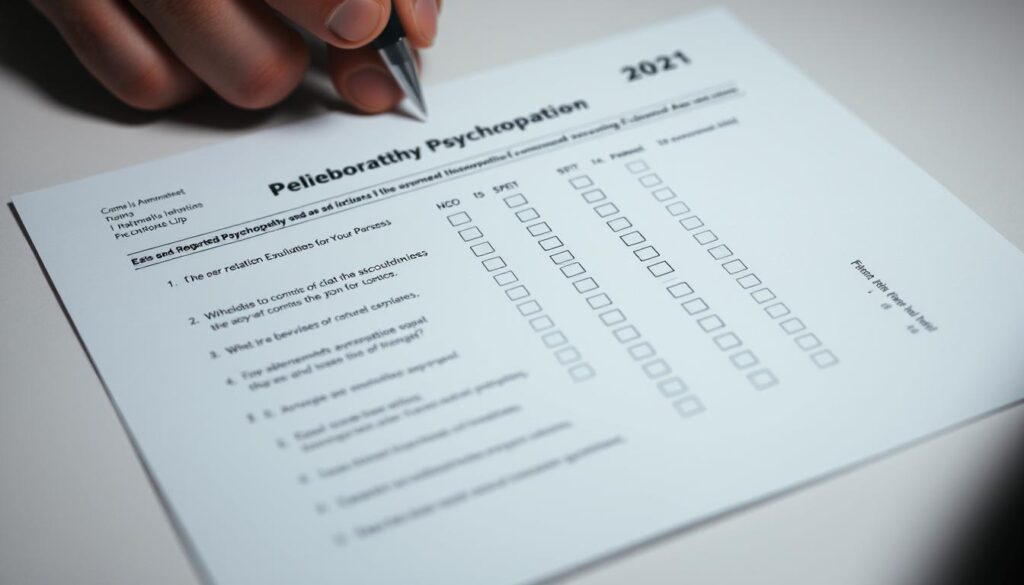 A formal psychological assessment questionnaire filled out by a person, with neatly arranged questions and checkboxes. The document has a professional, clinical appearance, conveying the idea of a self-reported psychopathy evaluation. The background is neutral, perhaps a plain desk or office setting, keeping the focus on the assessment form. Subtle lighting casts a pensive, introspective mood, as if the subject is carefully considering their responses. The composition is balanced, with the questionnaire centered and taking up a significant portion of the frame, suggesting its importance as the primary subject.