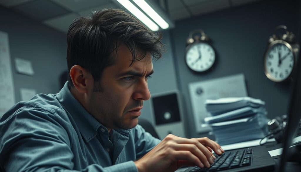 A frazzled office worker, brow furrowed, frantically typing on a keyboard. Harsh overhead fluorescent lighting casts harsh shadows, creating an oppressive atmosphere. In the background, a looming stack of papers and a ticking clock, symbolic of the relentless time pressure. The worker's expression conveys a sense of anxiety and desperation, their face etched with the strain of unreasonable expectations and the threat of burnout. Crisp, cinematic composition with a shallow depth of field, focusing the viewer's attention on the central figure. Moody, somber tones evoke the emotional toll of being manipulated by an overbearing boss.