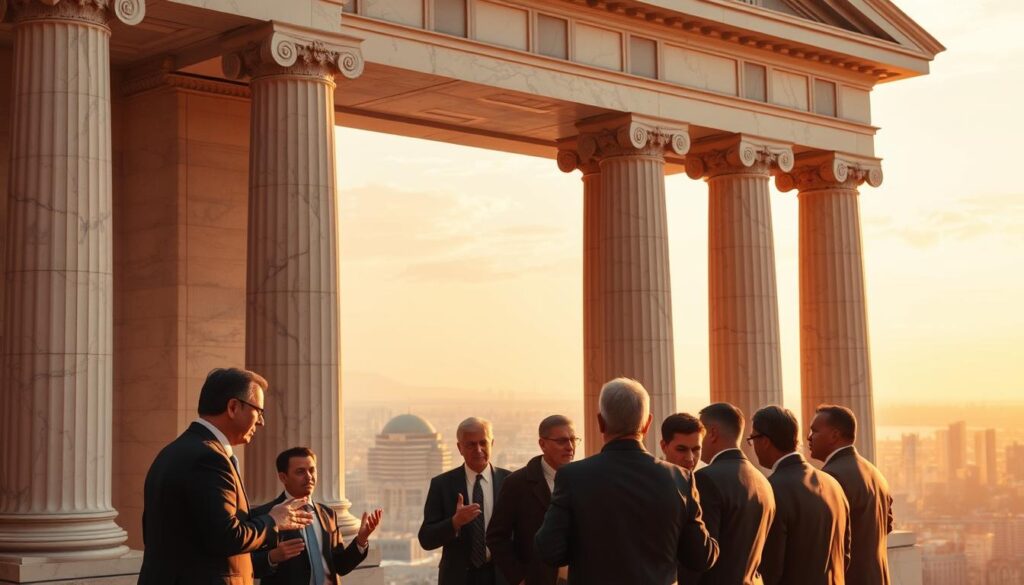 A grand and imposing marble building stands tall, its columns and arches exuding a sense of authority and gravitas. In the foreground, a group of individuals in formal attire engage in heated discussion, their gestures and expressions conveying the weight of the decisions they must make. The lighting is warm and golden, casting a solemn and serious tone over the scene. In the background, a sprawling city skyline can be seen, hinting at the far-reaching impact of the governance and ethical decisions being deliberated. The overall atmosphere evokes a sense of responsibility, diligence, and the importance of upholding principles amidst the complexities of modern society.