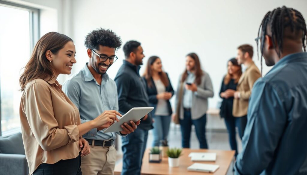 A group of diverse users casually interacting in a modern, minimalist office setting. The foreground features a mix of professionals - a woman in a stylish blouse and a man in a casual button-down, both smiling and gesturing as they discuss something on a tablet. In the middle ground, a few other colleagues huddle around a coffee table, engaged in animated conversation. The background shows a clean, bright space with floor-to-ceiling windows, natural light streaming in. The overall mood is one of productive collaboration, openness, and a sense of mutual value exchange between the individuals.