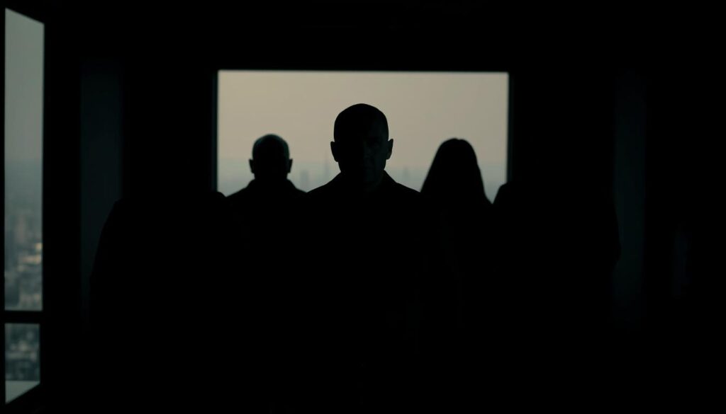 A group of imposing figures standing in a dimly lit room, their faces obscured by shadows. Harsh, dramatic lighting casts an ominous atmosphere, creating a sense of unease and tension. Their postures are rigid, exuding a sense of authority and control. In the background, a blurred and hazy cityscape suggests a larger, impersonal world beyond their domain. The scene conveys the motives behind the mask - the leaders' use of fear to assert their dominance and influence.