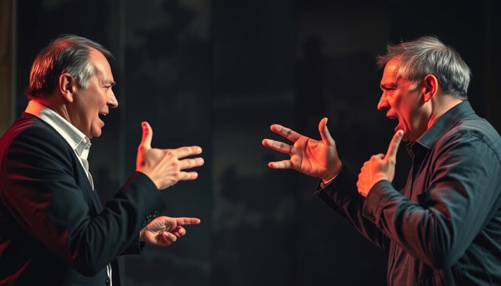 A heated debate between two figures, their expressions intense and bodies angled aggressively. The foreground is dominated by their confrontational stances, hands gesturing emphatically as they argue. The middle ground features a dimly lit, abstract backdrop, creating a sense of isolation and tension. Dramatic side lighting casts dramatic shadows, emphasizing the gravity of the confrontation. The overall mood is one of conflict, manipulation, and the struggle for conversational control.