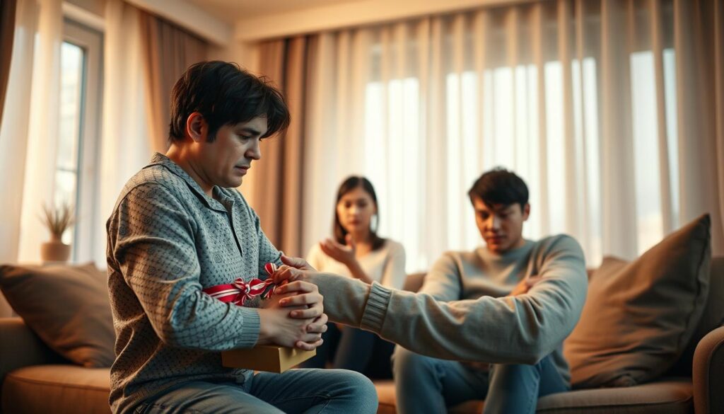 A living room scene where manipulative behaviors are on full display. In the foreground, an overly affectionate partner showering their target with excessive praise, gifts, and attention. Their facial expression is one of feigned concern, masking their true intentions. In the middle ground, the target appears overwhelmed, their body language tense and uncomfortable. The background is soft and dreamlike, hinting at the idealized reality the manipulator is trying to create. Warm lighting bathes the scene, creating an illusion of intimacy and security. The overall mood is one of unease, as the viewer senses the underlying power dynamics at play.