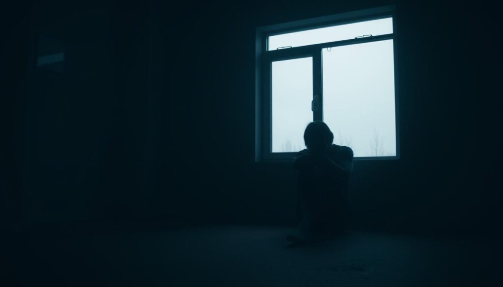 A lone figure sits in a dimly lit room, their face obscured by shadows. The space is sparse, with bare walls and a single window overlooking a bleak, overcast landscape. Soft, muted lighting casts a melancholic glow, emphasizing the sense of isolation and detachment. The subject's posture is hunched, their body language conveying a profound sense of loneliness and disconnection. The scene is captured with a cinematic, medium-close-up perspective, creating a sense of intimacy and vulnerability. The image is rendered with a muted, desaturated color palette, adding to the overall mood of melancholy and introspection.