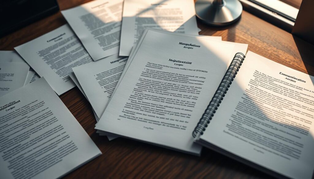A meticulously crafted set of communication scripts, neatly organized on a desk, illuminated by warm, natural lighting. The scripts are presented in a realistic, textured format, with each page showcasing subtle variations in tone and language, hinting at the manipulation tactics employed by workplace manipulators. The scene is captured from a slightly elevated angle, creating a sense of strategic planning and calculated execution. The overall atmosphere evokes a sense of unease, suggesting the deceptive nature of the scripts and the potential for confusion they can sow in the workplace.