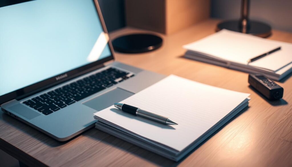 A meticulously organized desk, illuminated by soft, indirect lighting. On the surface, a collection of neatly arranged items: a sleek laptop, a stack of documents, a pen resting atop a notepad, and a discreet digital recorder. The setting exudes a sense of purpose and professionalism, suggesting a careful, methodical approach to evidence documentation. The background is subtly blurred, allowing the subject matter to take center stage, emphasizing the importance of the task at hand. The overall atmosphere conveys a sense of empowerment, where the tools and materials serve as a means to assert one's voice and stand up to gaslighting, all while maintaining a level of composure and control.