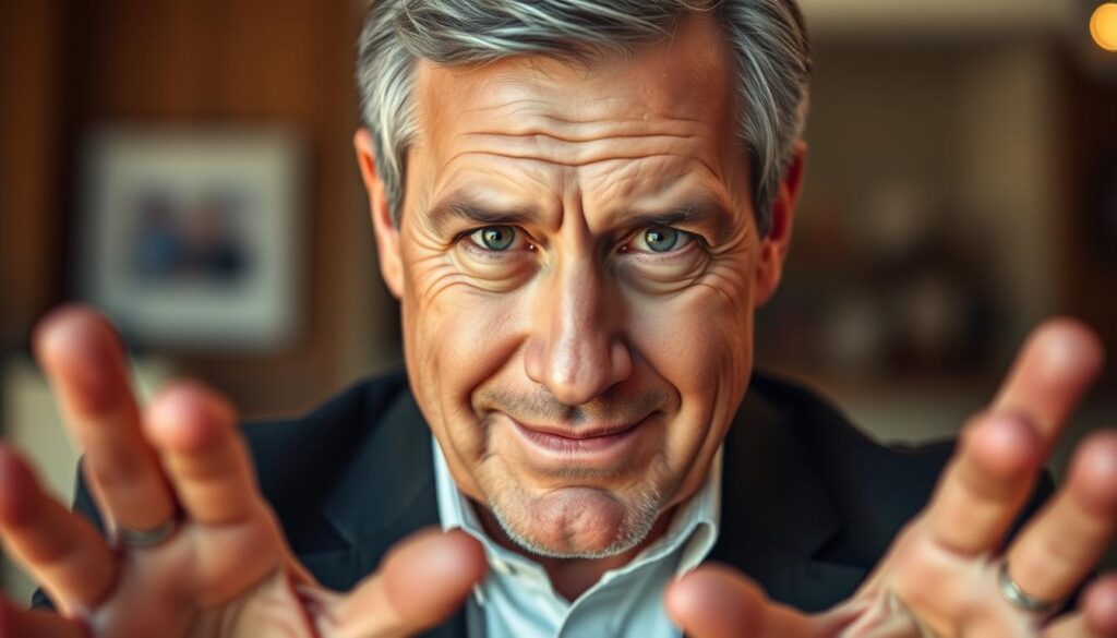 A middle-aged man with an intense, captivating gaze stares directly at the viewer, his expression a carefully crafted mask of warmth and concern. In the foreground, his hands gesture animatedly, seemingly reaching out in a display of affection. The background is softly blurred, drawing the viewer's attention to the man's face and upper body, illuminated by a warm, flattering light. His appearance is meticulously groomed, projecting an image of sophistication and authority. Yet, beneath the surface, a subtle darkness lurks, hinting at the manipulative nature of the "love bomber" and the psychological trauma that may drive this behavior.