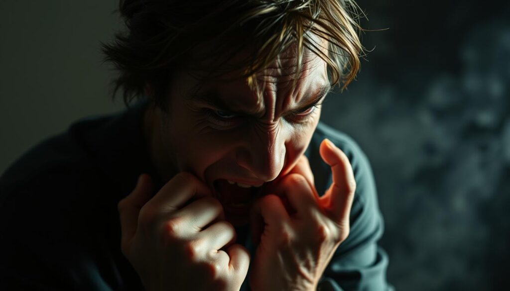 A narcissist gripped by the loss of control, their face contorted in a mix of rage and desperation. Dramatic lighting casts deep shadows, emphasizing the intensity of their expression. The background is a blurred, dreamlike environment, hinting at the inner turmoil. The subject's posture is tense, hands clenched, body language conveying a sense of unraveling. The scene captures the visceral, unrestrained emotional response of a narcissist confronted with a situation that challenges their need for dominance and superiority.
