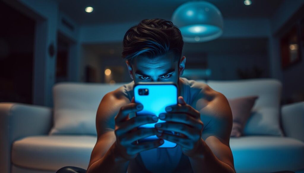A narcissistic individual sits in the center of the frame, gazing into a smartphone screen with an intense, self-absorbed expression. The foreground is illuminated by the cool, blue-hued glow of the device, casting sharp shadows across their features. The middle ground features a minimalist, sleek interior design - a pristine white sofa, clean lines, and sparse decor, emphasizing the subject's obsession with style and image. The background fades into an out-of-focus, dimly lit environment, suggesting a detachment from the real world. The overall atmosphere is one of self-absorption, isolation, and a preoccupation with the digital self-image.