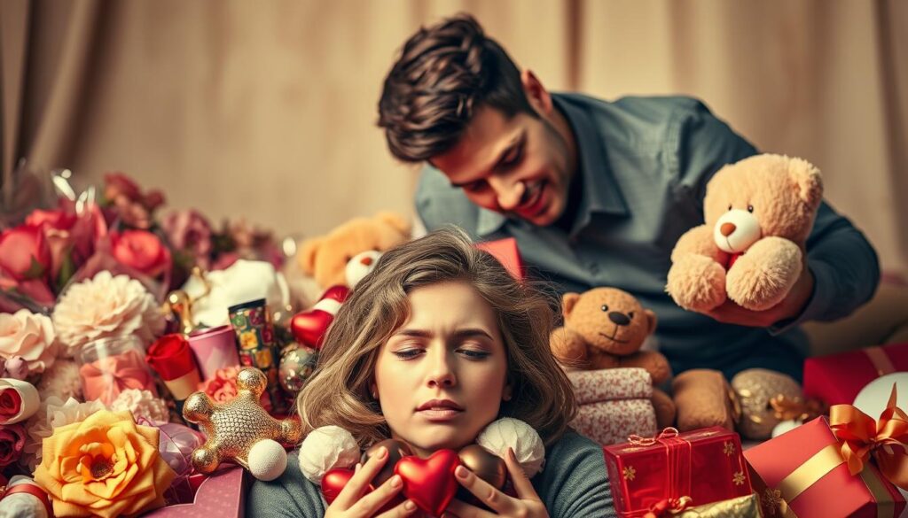 A narcissistic lover showering their object of affection with excessive attention, affection and gifts. In the foreground, a person overwhelmed by a sudden flood of bouquets, chocolates, teddy bears, and other lavish presents. Their facial expression conveys a sense of discomfort and uncertainty. The middle ground features the love bomber, a manipulative individual with a self-assured, almost predatory gaze, leaning in possessively. The background is hazy, suggesting the insecure attachment and learned behaviors driving this toxic dynamic. Warm, soft lighting creates an illusion of intimacy, masking the underlying emotional turmoil. The scene is captured with a shallow depth of field, drawing the viewer's focus to the complex interplay between the two figures.