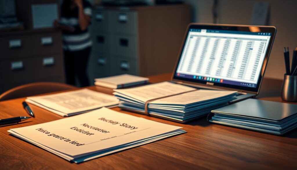 A neatly organized desk, crisp documents meticulously arranged, a sturdy filing cabinet in the background, and a laptop with an open spreadsheet, all illuminated by warm, focused lighting. The scene conveys a sense of professionalism, attention to detail, and a commitment to thorough record-keeping. The atmosphere suggests a workspace where hard work, diligence, and the careful documentation of evidence are valued as essential tools to safeguard against manipulation.