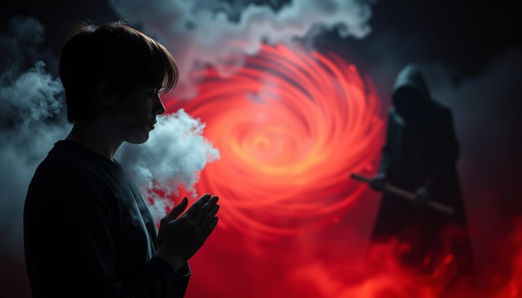 A pensive figure stands in the foreground, their face obscured by a cloud of mist. Their hands are cupped, as if holding back tears that threaten to spill forth. The middle ground is a swirling vortex of emotive energy, hues of red and orange evoking a sense of manipulation and power. In the background, a shadowy figure looms, their features indistinct, but their presence felt, a puppeteer controlling the emotional strings. The lighting is dramatic, casting deep shadows and highlighting the tension in the scene. The overall atmosphere is one of unease, where emotions have been weaponized for personal gain.