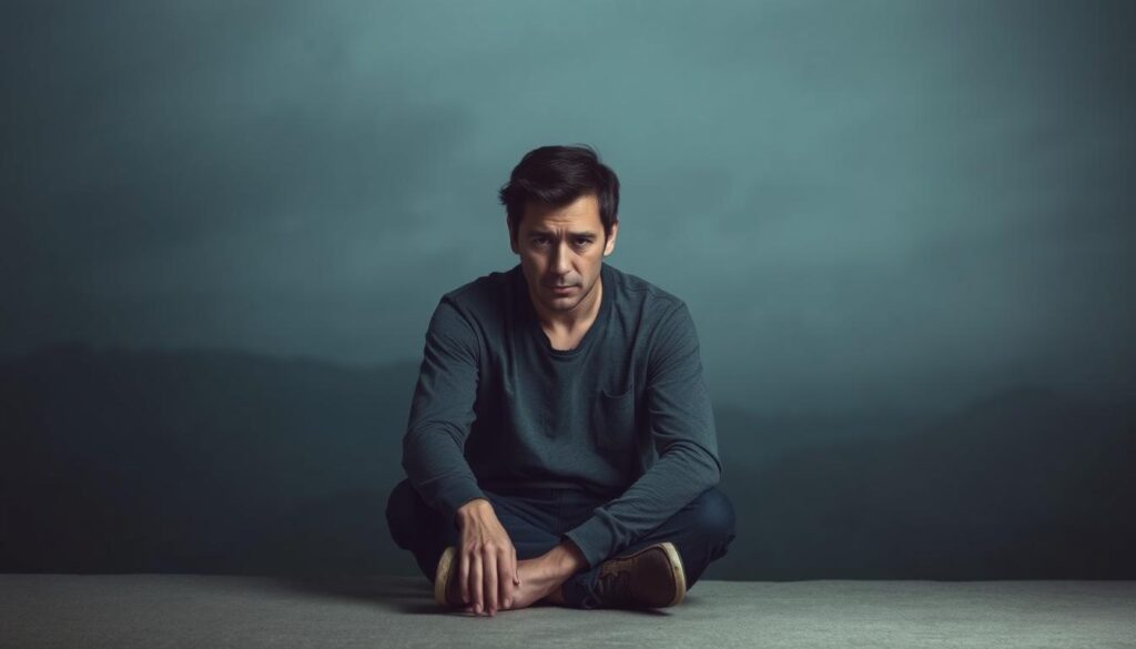 A pensive individual sits alone, their expression clouded with distress. Muted hues of greys and blues dominate the scene, conveying a sense of emotional turmoil. In the background, a hazy, fragmented landscape suggests a loss of personal boundaries and a diminished sense of agency. Soft lighting casts shadows that seem to envelop the figure, mirroring the heaviness of their mental state. The overall atmosphere is one of introspection, vulnerability, and the profound impact of gaslighting on mental well-being.