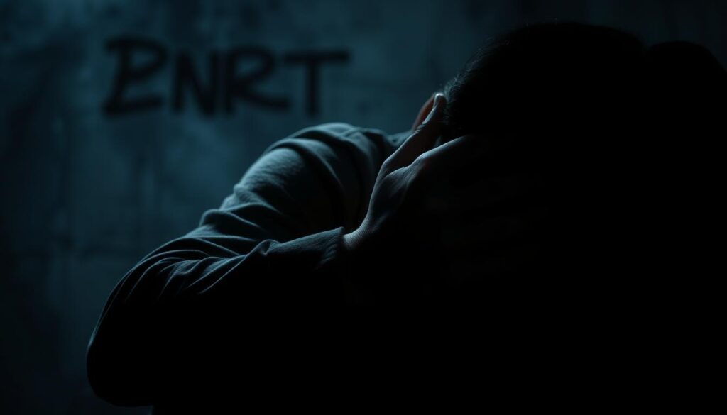 A person curled up in a dark, oppressive space, their face obscured by their hands as they are consumed by a sense of overwhelming guilt. The lighting is harsh, casting deep shadows that exaggerate the subject's anguish. The background is a hazy, indistinct blur, emphasizing the subject's isolation and the crushing weight of their emotions. The composition is tightly framed, giving a claustrophobic feeling, mirroring the subject's internal turmoil. The overall tone is one of unease, discomfort, and the heavy burden of toxic guilt.