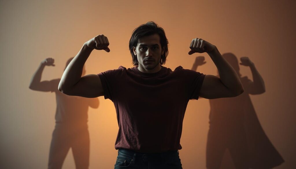 A person standing strong and resolute, shielding themselves from manipulative forces. Soft, warm lighting illuminates their determined expression and rigid posture, conveying an air of quiet resilience. In the background, shadowy figures attempt to undermine and gaslight, their distorted, warped forms hinting at the psychological games they play. The scene is rendered in a realistic, cinematic style, capturing the nuances of this act of counter-manipulation - a practical defense against the power plays of those seeking to control.