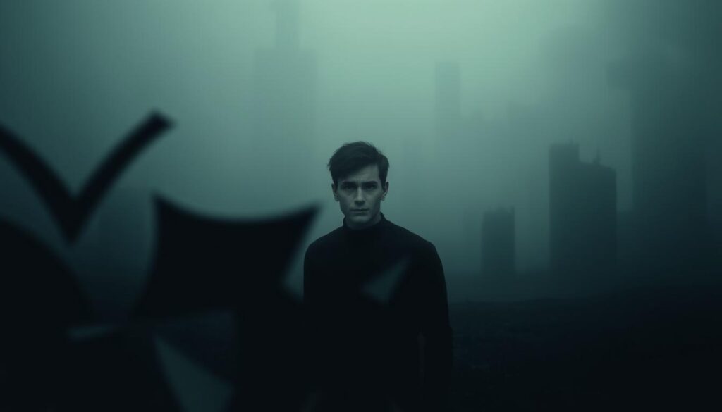 A person stands alone in a dimly lit, surreal landscape, their expression conveying deep uncertainty. The foreground features distorted, fragmented shapes and shifting perspectives, evoking a sense of disorientation and questioning reality. The middle ground showcases a dreamlike, hazy environment with muted colors and blurred edges, hinting at the emotional turmoil beneath the surface. The background subtly fades into an ambiguous, ethereal void, symbolizing the loss of grounding and the inability to discern truth from illusion. The lighting is soft and moody, casting long shadows that further accentuate the unsettling atmosphere. The overall composition and mood aim to visually capture the emotional impact of gaslighting, where one's sense of reality is constantly undermined.