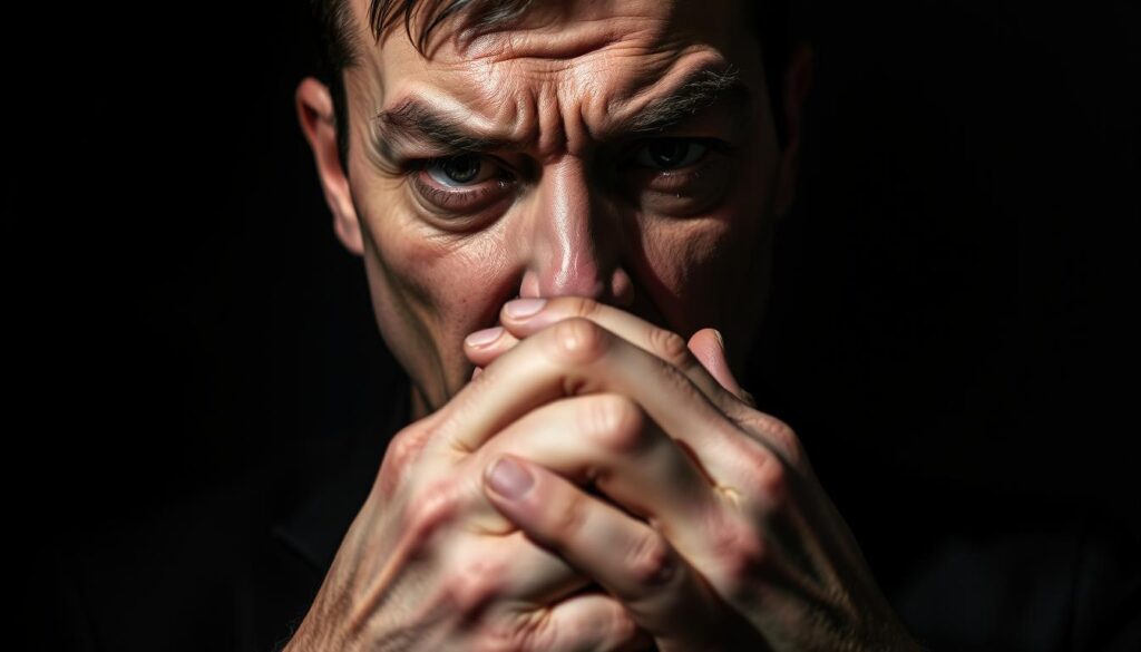 A portrait of a manipulator feigning remorse, the eyes cold and calculating behind a mask of contrition. In the foreground, their hands wring together in a gesture of faux sincerity, while the background is shrouded in shadows, hinting at the true motives of power and control that drive their apology. The lighting is stark and dramatic, casting deep shadows that accentuate the manipulator's sharp features and the tension in their expression. The angle is slightly low, suggesting the viewer's position of vulnerability and the manipulator's perceived dominance. The overall mood is one of unease and deception, capturing the narcissistic defenses that underlie the staged apology.