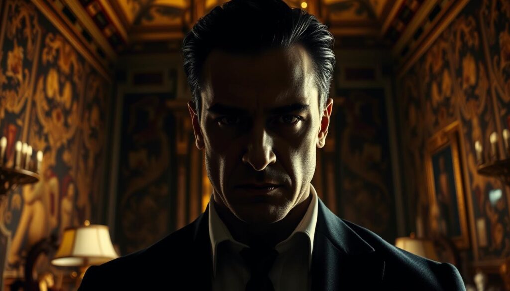A powerful figure stands in an ornate, dimly lit room, their face partially obscured by shadow. Their gaze is intense, projecting an aura of authority and calculated ambition. The background is filled with richly detailed tapestries and ornate furniture, creating a sense of grandeur and refinement. Soft, dramatic lighting casts dramatic shadows, highlighting the subject's chiseled features and lending an air of mystery and manipulation. The overall atmosphere conveys a sense of Machiavellian calculation, where appearance and perception are carefully crafted to project an image of virtuous leadership, masking the ruthless pursuit of power.