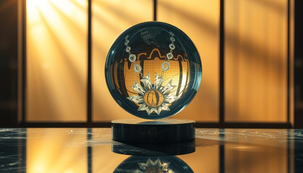 A pristine glass sphere levitates above a gleaming obsidian plinth, casting a perfect reflection. Beams of warm, golden light filter through translucent panels, illuminating the sphere's flawless surface. Intricate fractal patterns ripple across the glass, hinting at the complex truths within. The atmosphere is one of tranquility and contemplation, inviting the viewer to peer deeper and uncover the hidden meanings. A sense of timelessness pervades the scene, as if this moment of revelation exists outside the constraints of the physical world.