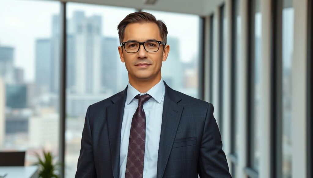 A professional, confident manager standing in a modern office, dressed in a sharp suit and tie. Their posture is upright and their gaze is steadfast, conveying authority and command of the space. The office is well-lit, with a large window overlooking a cityscape in the background. The manager's expression is one of calm determination, suggesting a strong sense of purpose and the ability to guide their team effectively. The scene is captured with a medium-wide angle lens, emphasizing the manager's presence and the organized, professional atmosphere of the office.