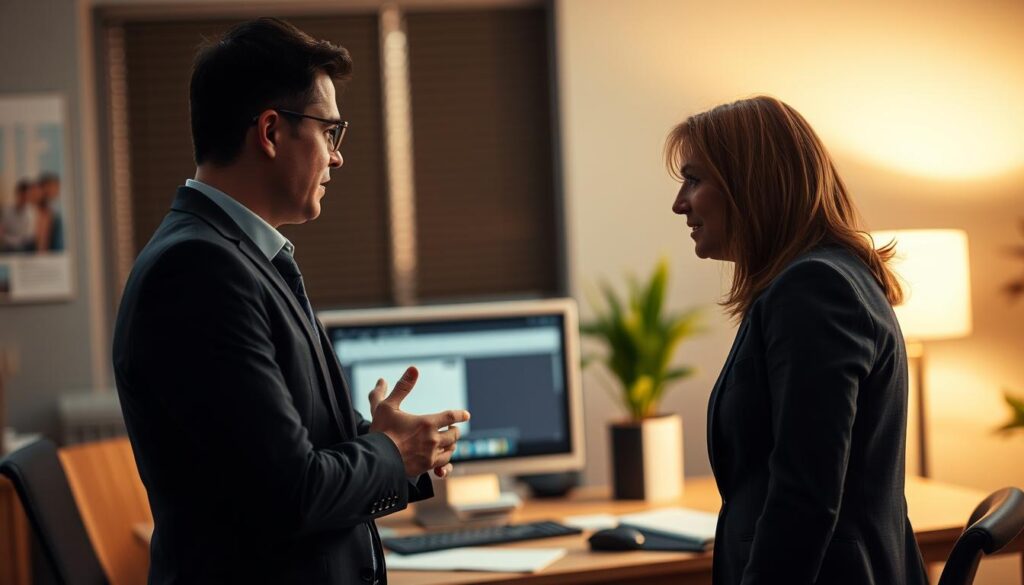 A professional, well-lit office setting with a tense atmosphere. In the foreground, two coworkers are engaged in a heated discussion, their body language and expressions conveying a sense of escalating confrontation. The middle ground features the desk and computer setup, suggesting a workplace environment. The background is softly blurred, highlighting the focus on the interpersonal interaction. Warm, neutral tones create a professional mood, while strategic lighting and camera angles lend a sense of drama to the scene, emphasizing the gravity of the situation.