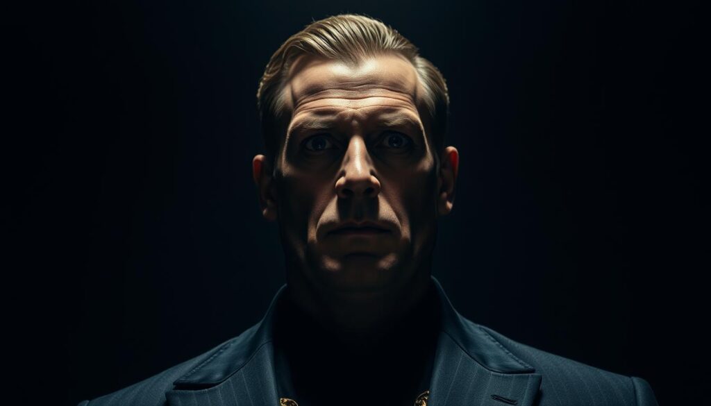 A regal figure stands tall, their gaze fixed with a piercing intensity. Their features are chiseled and angular, exuding an air of superiority and self-importance. The background is a dimly lit room, the shadows casting a dramatic, almost theatrical, atmosphere. Subtle details, like the slight curl of the lip and the unwavering posture, suggest a deep-rooted need for control and admiration. The lighting is moody, with a single spotlight illuminating the subject, highlighting their commanding presence and sense of entitlement. The overall impression is one of a formidable, narcissistic individual, whose desire for power and dominance is palpable.