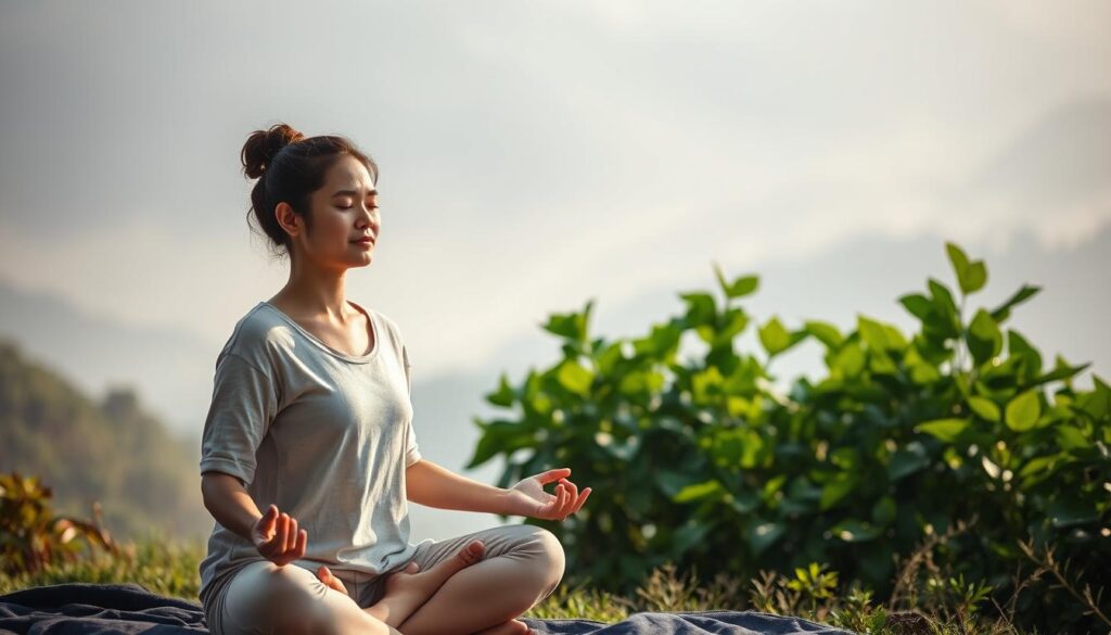A serene and tranquil scene depicting the essence of mental health and inner balance. In the foreground, a person sits in a meditative pose, their face radiating a sense of calm and centeredness. Soft, diffused lighting bathes the scene, creating a warm and comforting atmosphere. In the middle ground, lush, verdant foliage symbolizes the growth and rejuvenation of the mind. The background features a hazy, dreamlike landscape, conveying a sense of introspection and disconnection from the external world. The overall mood is one of introspection, self-awareness, and the restoration of a healthy, grounded sense of identity.