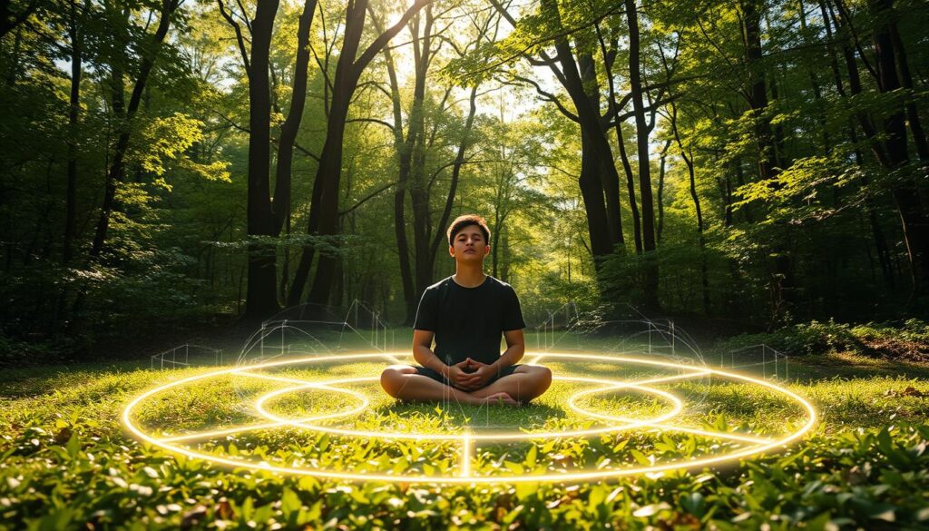 A serene forest glade, the sunlight filtering through the canopy above, casting a warm glow on the lush, verdant undergrowth. In the center, a figure sits cross-legged, hands resting lightly on their knees, eyes closed in deep contemplation. Surrounding them, a shimmering barrier, a protective boundary of light, gently pulsing and shifting, a visual representation of the mind's defenses against unwanted intrusion. The atmosphere is one of tranquility and self-awareness, a sanctuary where the individual can find solace and clarity.