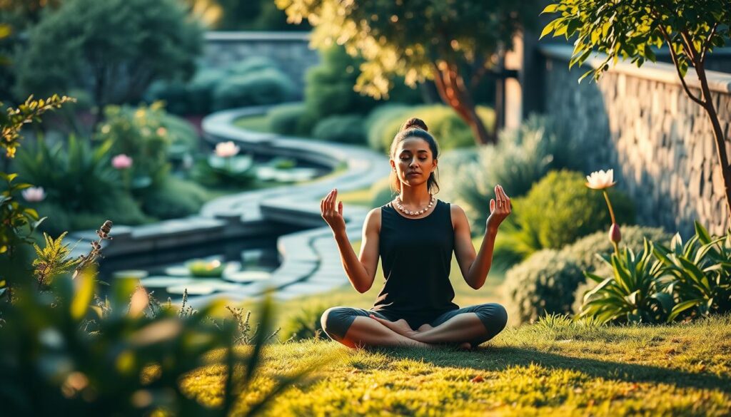 A serene, meditative garden scene with a person practicing mindfulness exercises, surrounded by lush greenery, calming water features, and warm natural lighting. In the foreground, the person is sitting cross-legged, eyes closed, hands in a mudra pose, radiating an aura of mental resilience and inner peace. In the middle ground, a winding path leads towards a tranquil pond with floating lotus blossoms. In the background, a stone wall or fence frames the scene, suggesting a sense of protection and security. The overall atmosphere conveys the idea of using mental health strategies as a defensive mechanism against external stressors and manipulative influences.