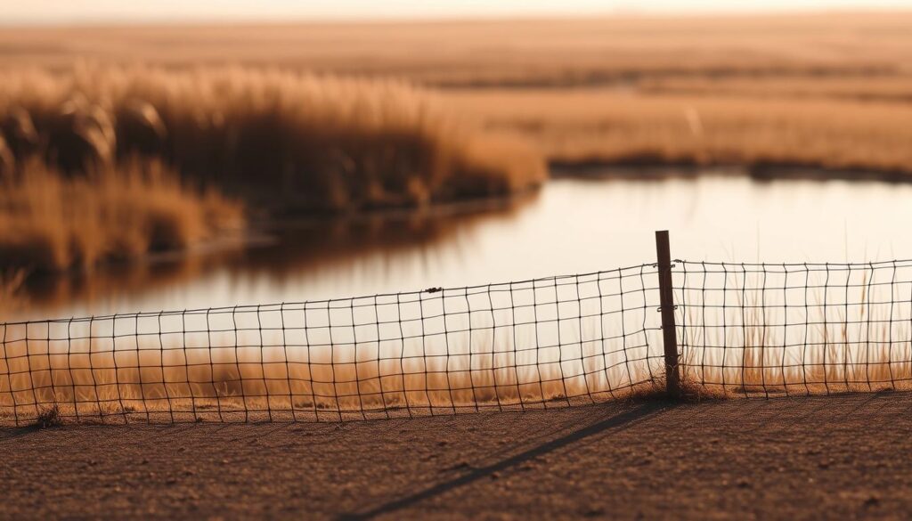 A serene, minimalist landscape depicting the concept of boundaries. In the foreground, a delicate wire mesh fence gently bisects the frame, casting intricate shadows on the ground. The middle ground features a tranquil pond, its still surface reflecting the surrounding environment. In the background, a field of tall, swaying grass blends seamlessly into a softly hued sky. The lighting is warm and diffuse, lending an air of contemplation and introspection. The composition emphasizes the interplay between the natural and the constructed, inviting the viewer to ponder the nature of personal, emotional, and psychological boundaries.