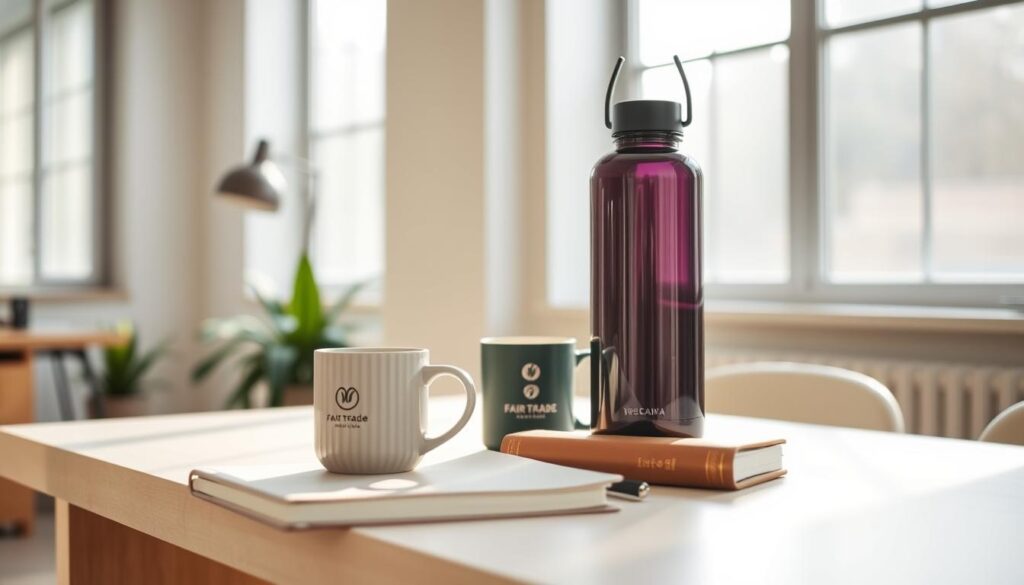 A serene office space with natural lighting filtering through large windows, casting a warm glow on a clean, minimalist desk. On the desk, a selection of carefully curated ethical products - a reusable water bottle, a fair-trade coffee mug, and a notebook with a subtle sustainable logo. The background features a muted color palette, hinting at the brand's commitment to environmental responsibility. The overall composition conveys a sense of calm and purposeful simplicity, reflecting the brand's ethical values without overt branding or urgency tactics.